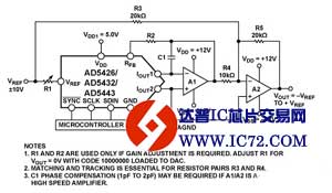 8位至12位DAC AD5426/AD5432/AD5443的精密、双极性配置