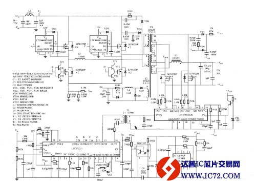 由LTC3722-1控制的大功率DC/DC完整电路图