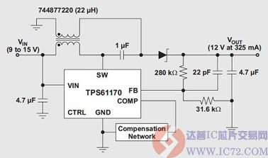 使用TI TPS61170和Wuerth 744877220的SEPIC  WWW.IC72.COM